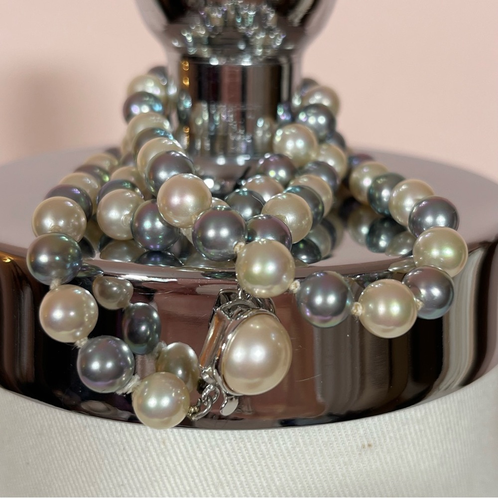 Vintage Retro art Deco grey white shell glass pearl sterling Silver Necklace 20